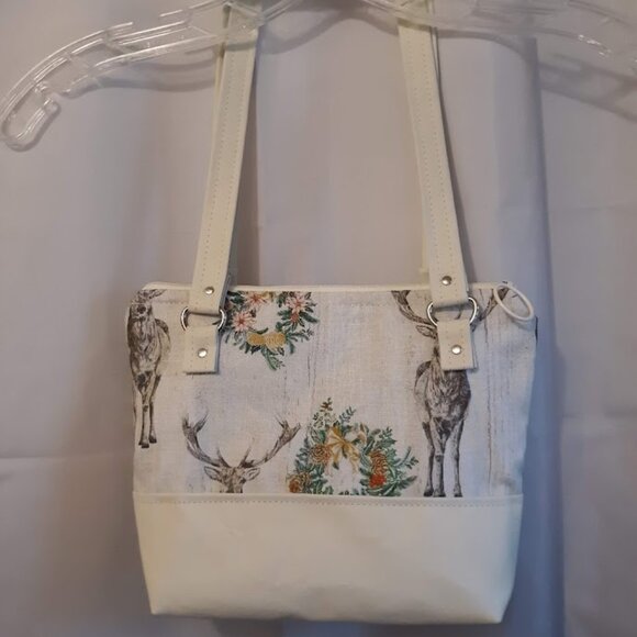 New Woodland Deer Double handle Satchel Purse Shoulder Bag Ivory Brown Western - Picture 6 of 11